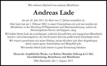 Traueranzeige von Andreas Lade von Echo-Zeitungen (Gesamtausgabe)