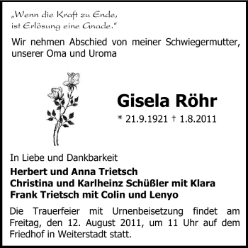 Traueranzeige von Gisela Röhr von Echo-Zeitungen (Gesamtausgabe)