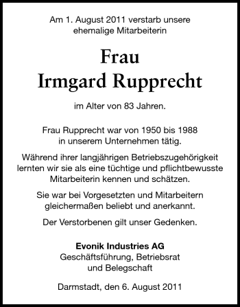 Traueranzeige von Irmgard Rupprecht von Echo-Zeitungen (Gesamtausgabe)
