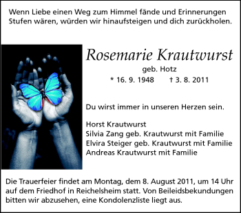 Traueranzeige von Rosemarie Krautwurst von Odenwälder Echo
