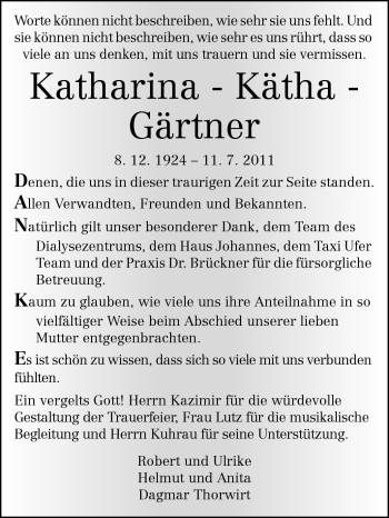 Traueranzeige von Katharina Kätha Gärtner von Starkenburger Echo