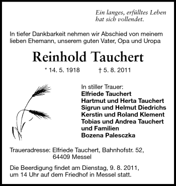 Traueranzeige von Reinhold Tauchert von Echo-Zeitungen (Gesamtausgabe)