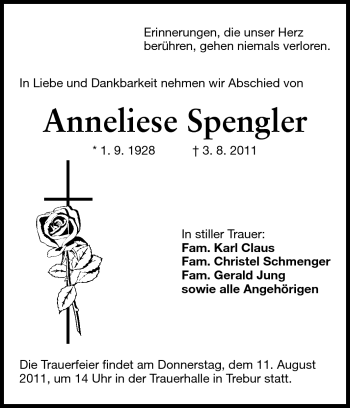Traueranzeige von Anneliese Spengler von Rüsselsheimer Echo, Groß-Gerauer-Echo, Ried Echo