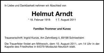 Traueranzeige von Helmut Arndt von Echo-Zeitungen (Gesamtausgabe)