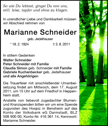 Traueranzeige von Marianne Schneider von Starkenburger Echo