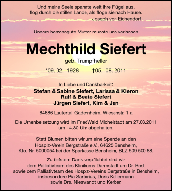 Traueranzeige von Mechthild Siefert von Darmstädter Echo, Odenwälder Echo, Rüsselsheimer Echo, Groß-Gerauer-Echo, Ried Echo