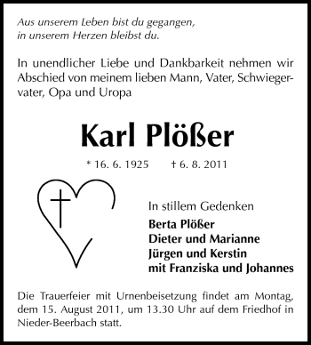 Traueranzeige von Karl Plößer von Echo-Zeitungen (Gesamtausgabe)