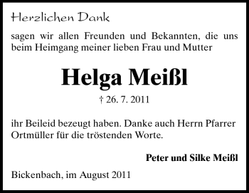 Traueranzeige von Helga Meißl von Echo-Zeitungen (Gesamtausgabe)