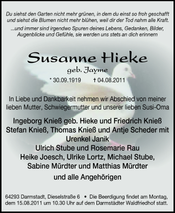 Traueranzeige von Susanne Hieke von Echo-Zeitungen (Gesamtausgabe)