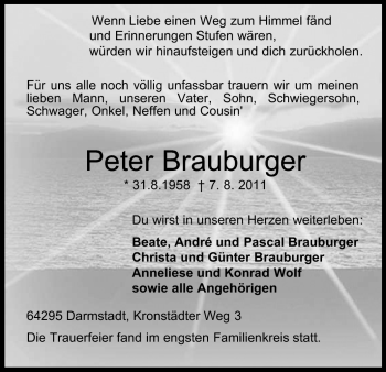 Traueranzeige von Peter Brauburger von Darmstädter Echo, Odenwälder Echo, Rüsselsheimer Echo, Groß-Gerauer-Echo, Ried Echo