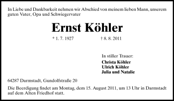 Traueranzeige von Ernst Köhler von Echo-Zeitungen (Gesamtausgabe)