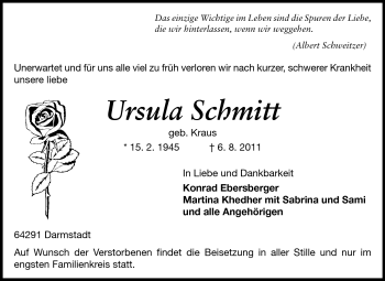Traueranzeige von Ursula Schmitt von Echo-Zeitungen (Gesamtausgabe)