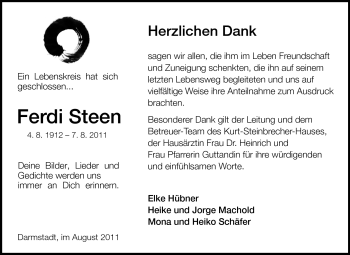 Traueranzeige von Ferdi Steen von Darmstädter Echo, Odenwälder Echo, Rüsselsheimer Echo, Groß-Gerauer-Echo, Ried Echo