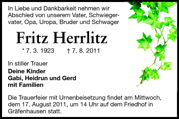 Traueranzeige von Fritz Herrlitz von Darmstädter Echo, Odenwälder Echo, Rüsselsheimer Echo, Groß-Gerauer-Echo, Ried Echo