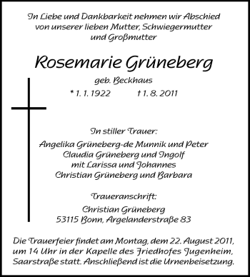 Traueranzeige von Rosemarie Grüneberg von Echo-Zeitungen (Gesamtausgabe)