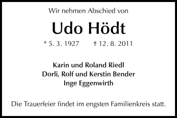 Traueranzeige von Udo Hödt von Rüsselsheimer Echo, Groß-Gerauer-Echo, Ried Echo