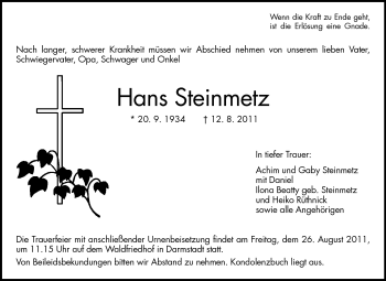 Traueranzeige von Hans Steinmetz von Darmstädter Echo, Odenwälder Echo, Rüsselsheimer Echo, Groß-Gerauer-Echo, Ried Echo