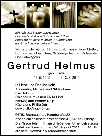 Traueranzeige von Gertrud Helmus von Odenwälder Echo