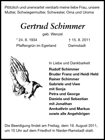 Traueranzeige von Gertrud Schimmer von Echo-Zeitungen (Gesamtausgabe)