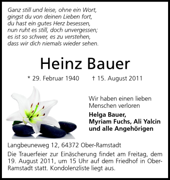 Traueranzeige von Heinz Bauer von Echo-Zeitungen (Gesamtausgabe)