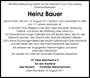 Traueranzeige von Heinz Bauer von Echo-Zeitungen (Gesamtausgabe)