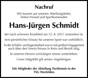Traueranzeige von Hans-Jürgen Schmidt von Echo-Zeitungen (Gesamtausgabe)
