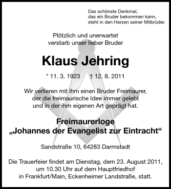 Traueranzeige von Klaus Jehring von Echo-Zeitungen (Gesamtausgabe)