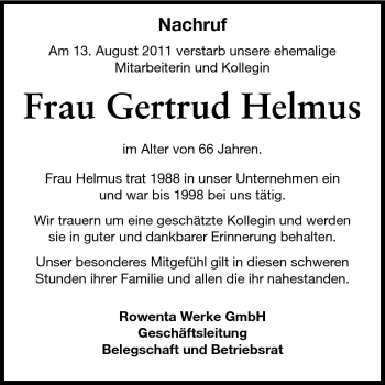 Traueranzeige von Gertrud Helmus von Odenwälder Echo