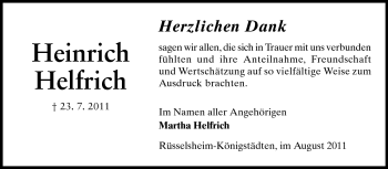 Traueranzeige von Heinrich Helfrich von Rüsselsheimer Echo, Groß-Gerauer-Echo, Ried Echo