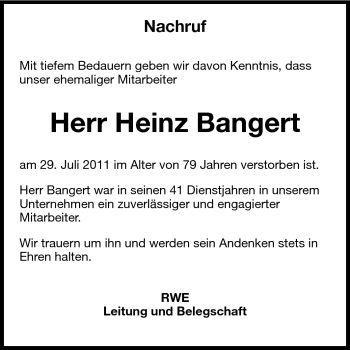 Traueranzeige von Heinz Bangert von Echo-Zeitungen (Gesamtausgabe)