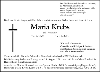 Traueranzeige von Maria Krebs von Starkenburger Echo