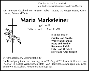 Traueranzeige von Maria Marksteiner von Odenwälder Echo