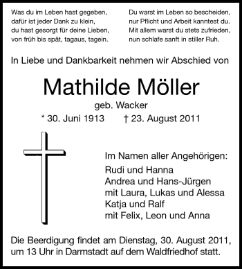 Traueranzeige von Mathilde Möller von Echo-Zeitungen (Gesamtausgabe)