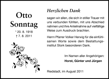 Traueranzeige von Otto Sonntag von Rüsselsheimer Echo, Groß-Gerauer-Echo, Ried Echo