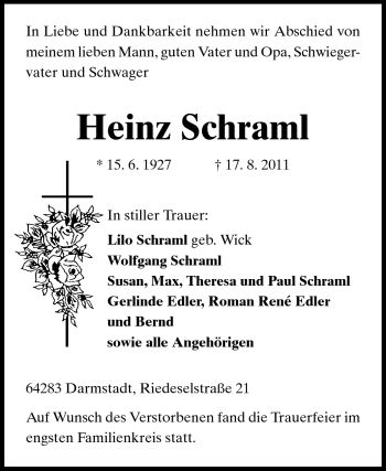 Traueranzeige von Heinz Schraml von Darmstädter Echo, Odenwälder Echo, Rüsselsheimer Echo, Groß-Gerauer-Echo, Ried Echo