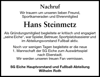 Traueranzeige von Hans Steinmetz von Darmstädter Echo, Odenwälder Echo, Rüsselsheimer Echo, Groß-Gerauer-Echo, Ried Echo