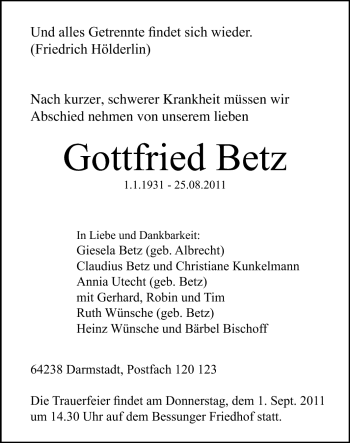 Traueranzeige von Gottfried Betz von Echo-Zeitungen (Gesamtausgabe)