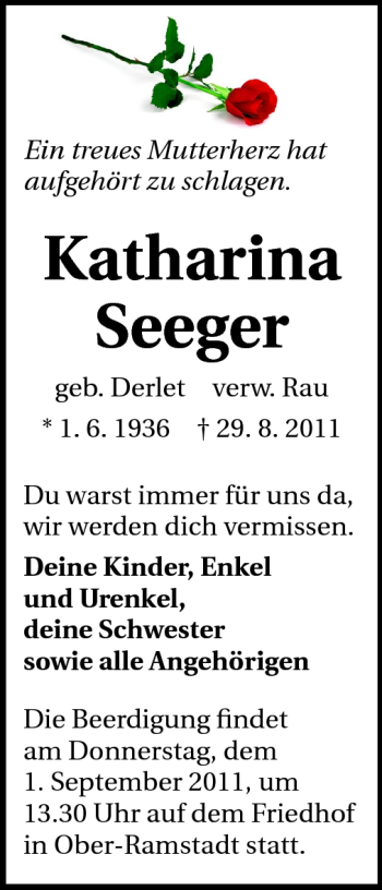 Traueranzeige von Katharina Seeger von Darmstädter Echo, Odenwälder Echo, Rüsselsheimer Echo, Groß-Gerauer-Echo, Ried Echo