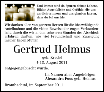 Traueranzeige von Gertrud Helmus von Echo-Zeitungen (Gesamtausgabe)