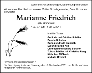 Traueranzeige von Marianne Friedrich von Odenwälder Echo
