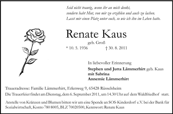 Traueranzeige von Renate Kaus von Rüsselsheimer Echo, Groß-Gerauer-Echo, Ried Echo
