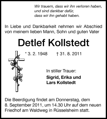 Traueranzeige von Detlef Kollstedt von Rüsselsheimer Echo, Groß-Gerauer-Echo, Ried Echo