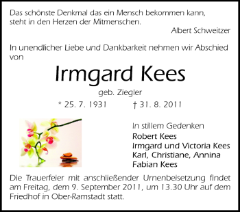 Traueranzeige von Irmgard Kees von Darmstädter Echo, Odenwälder Echo, Rüsselsheimer Echo, Groß-Gerauer-Echo, Ried Echo