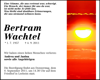 Traueranzeige von Bertram Wachtel von Rüsselsheimer Echo, Groß-Gerauer-Echo, Ried Echo