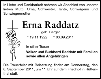 Traueranzeige von Erna Raddatz von Odenwälder Echo