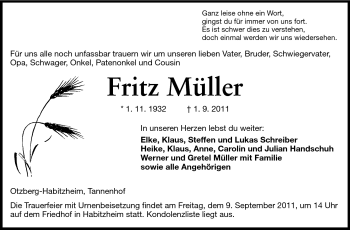 Traueranzeige von Fritz Müller von Darmstädter Echo, Odenwälder Echo, Rüsselsheimer Echo, Groß-Gerauer-Echo, Ried Echo
