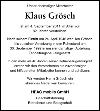 Traueranzeige von Klaus Grösch von Echo-Zeitungen (Gesamtausgabe)
