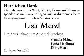 Traueranzeige von Lisa Metzl von Rüsselsheimer Echo, Groß-Gerauer-Echo, Ried Echo