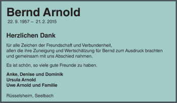 Traueranzeige von Bernd Arnold von Rüsselsheimer Echo, Groß-Gerauer-Echo, Ried Echo