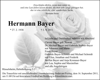 Traueranzeige von Hermann Bayer von Rüsselsheimer Echo, Groß-Gerauer-Echo, Ried Echo